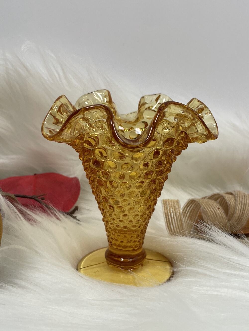 Vintage Fenton Colonial Hobnail Ruffled Trumpet Vase in Marigold 3.5" tall